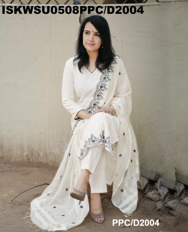 Embroidered Cotton Kurti With Pant And Kota Doriya Dupatta-ISKWSU0508PPC/D2004