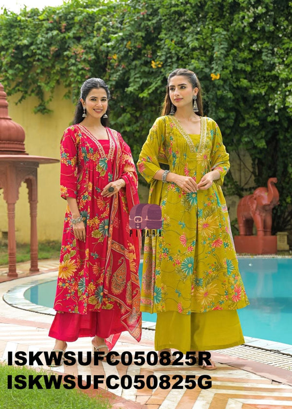 Embroidered Cotton Kurti With Palazzo And Dupatta-ISKWSUFC050825G/FC050825R