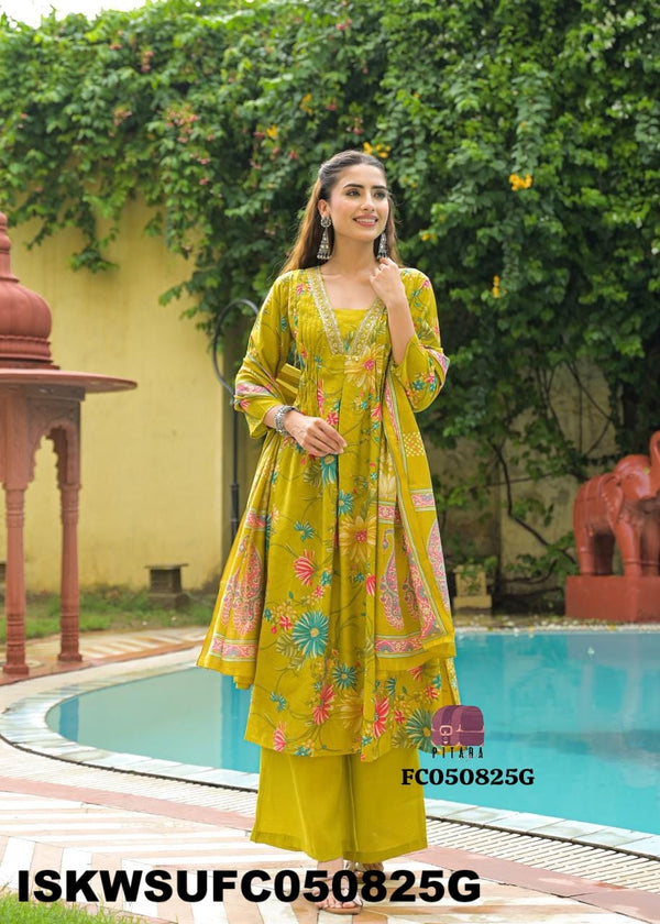 Embroidered Cotton Kurti With Palazzo And Dupatta-ISKWSUFC050825G/FC050825R