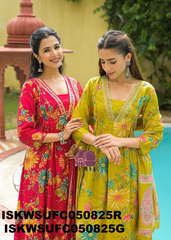 Embroidered Cotton Kurti With Palazzo And Dupatta-ISKWSUFC050825G/FC050825R