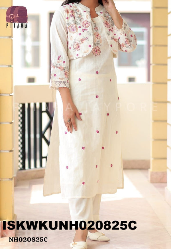 Embroidered Dobby Cotton Kurti With Pant And Detachable Jacket-ISKWKUNH020825C