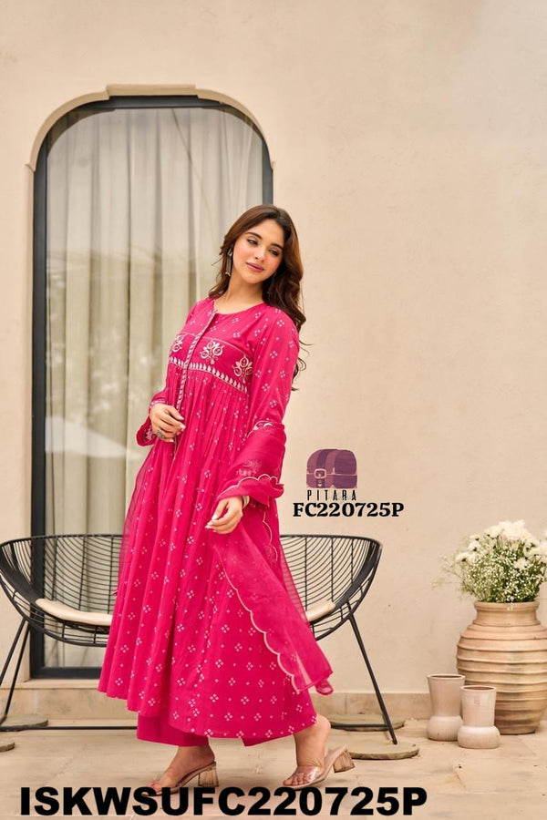 Bandhani Printed Malmal Cotton Kurti With Cotton Pant And Organza Dupatta-ISKWSUFC220725P