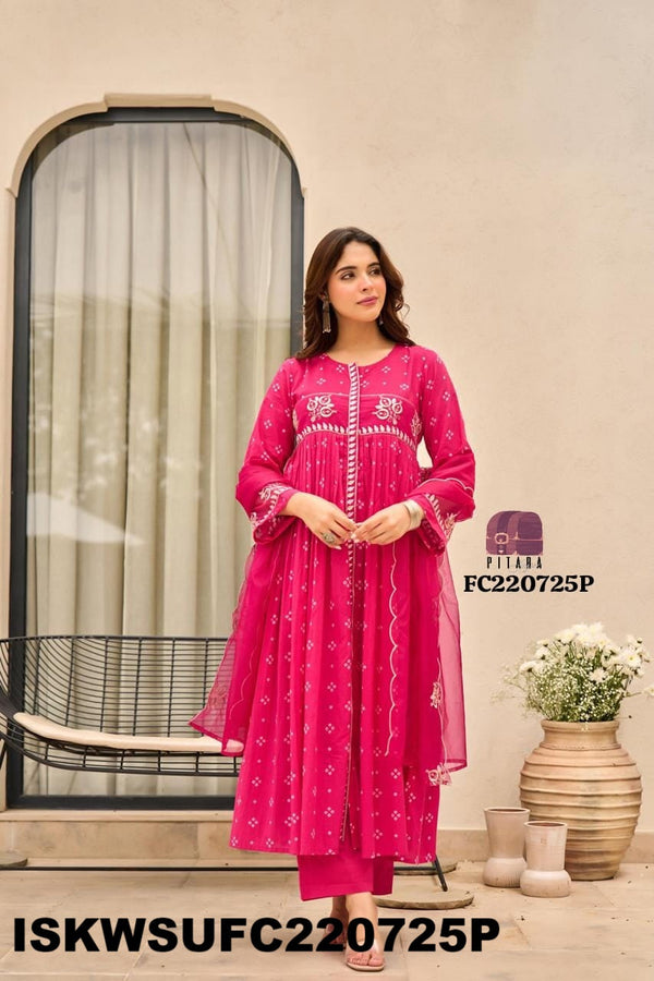 Bandhani Printed Malmal Cotton Kurti With Cotton Pant And Organza Dupatta-ISKWSUFC220725P