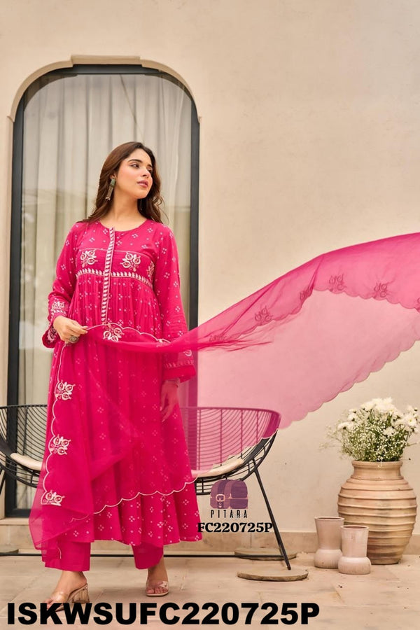 Bandhani Printed Malmal Cotton Kurti With Cotton Pant And Organza Dupatta-ISKWSUFC220725P