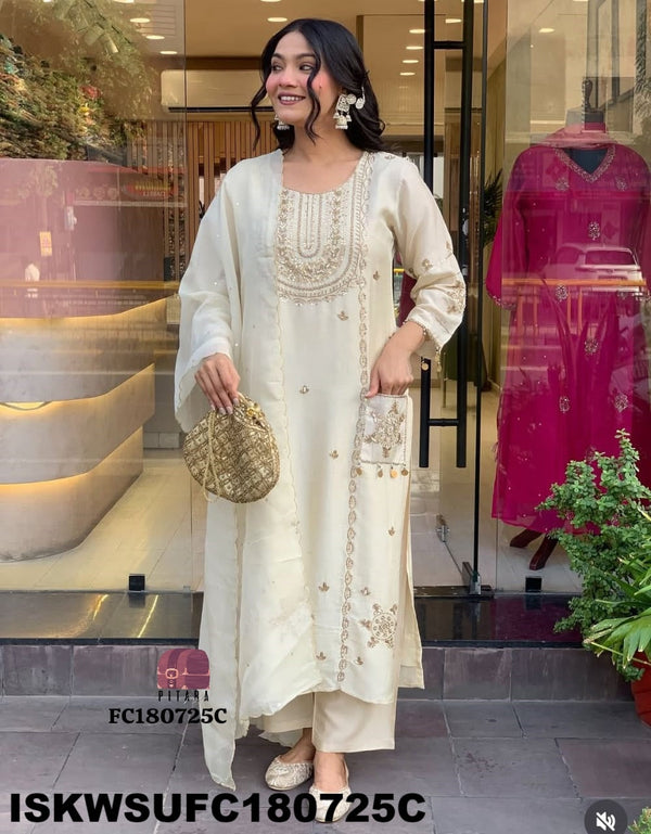 Embroidered Dola Silk Kurti With Silk Pant And Organza Dupatta-ISKWSUFC180725C