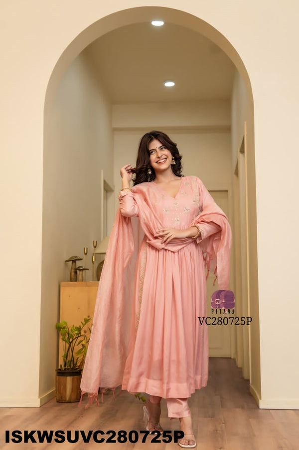 Embroidered Malmal Chanderi Flared Kurti With Silk Pant And Tissue Silk Dupatta-ISKWSUVC280725P