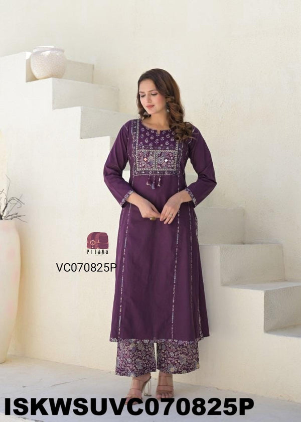 Embroidered Cotton Kurti With Ajrakh Printed Pant And Dupatta-ISKWSUVC070825B/VC070825P
