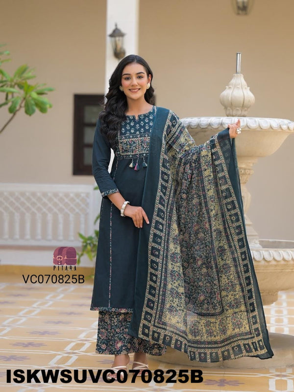Embroidered Cotton Kurti With Ajrakh Printed Pant And Dupatta-ISKWSUVC070825B/VC070825P