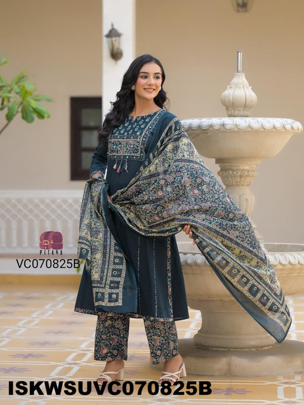 Embroidered Cotton Kurti With Ajrakh Printed Pant And Dupatta-ISKWSUVC070825B/VC070825P