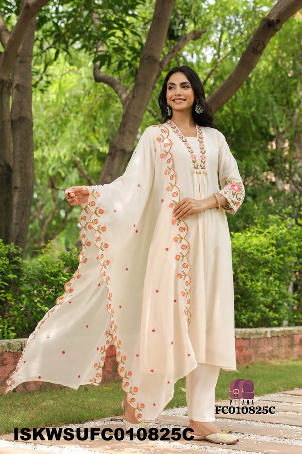 Embroidered Malmal Chanderi Kurti With Silk Pant And Dupatta-ISKWSUFC010825C/FC010825T
