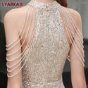 Party Dresses LYABKA Elegant Off Shoulder Beaded Sequin Evening Dress Women Sliver Bodycon Maxi Prom - Ishaanya