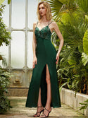 Embroidery Spaghetti Strap Backless Slit Satin Long Evening Dress Green 540 - Ishaanya