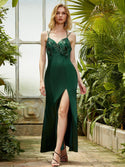 Embroidery Spaghetti Strap Backless Slit Satin Long Evening Dress Green 540 - Ishaanya