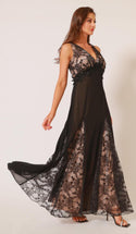 Women's Black V Neck Floral Lace Appliqued Beading Splicing Chiffon A-Line Long Evening Dress Party Gown A-460 - Ishaanya