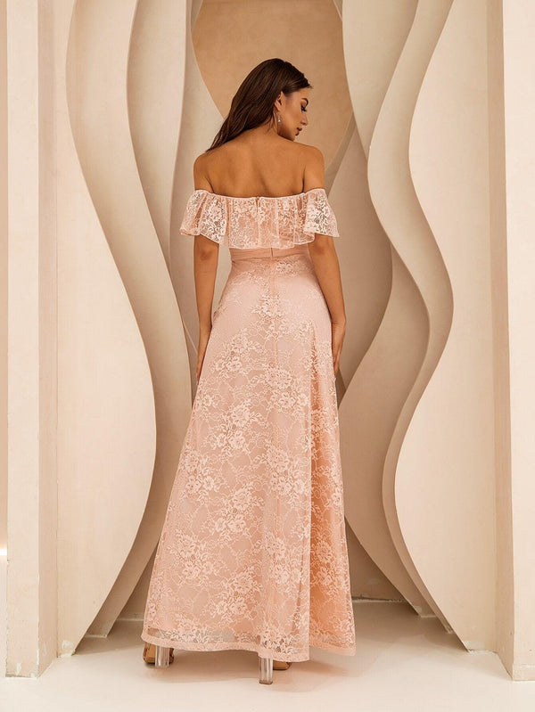 Women's Elegant Off Shoulder Ruffles Floral Lace Slit Long Mermaid Evening Dress Pink 880 - Ishaanya