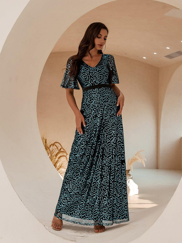 Women's Elegant V Neck Floral Sequin Short Sleeves Slit Sexy Backless Long Evening Dress A-Line Blue 908 - Ishaanya