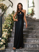 Women's Halter Cut Out Elegant Backless Long Soft Mermaid Black Evening Dress Prom Gown 976 - Ishaanya