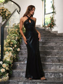 Women's Halter Cut Out Elegant Backless Long Soft Mermaid Black Evening Dress Prom Gown 976 - Ishaanya