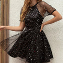 Women's Sexy Evening Gown Round Neck See Through Tulle A-Line Ruffles Backless Short Sleeves Prom Dress Black 697 - Ishaanya