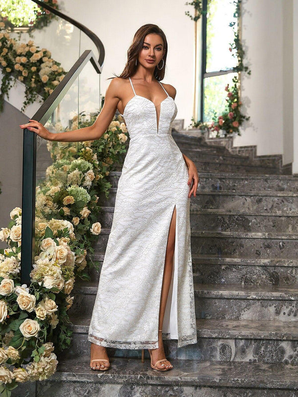 Women's V Neck Tulle Spaghetti Strap Embroidery Floral Lace Slit Long Sheath Lace Up Maxi White Evening Dresses - Ishaanya