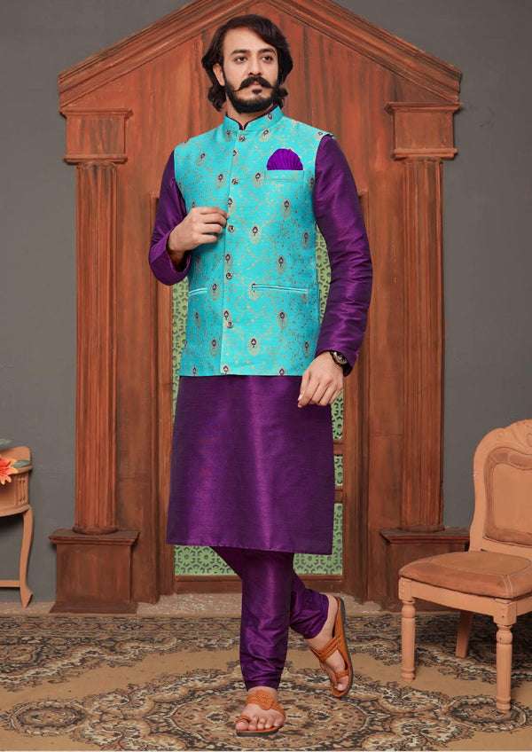 Art Silk Kurta With Pajama And Jacquard Nehru Jacket