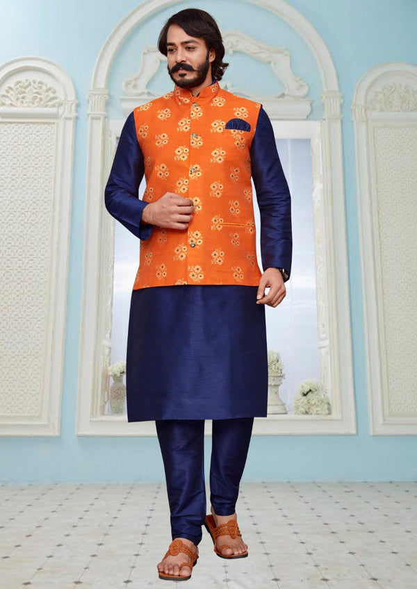 Art Silk Kurta With Pajama And Jacquard Nehru Jacket