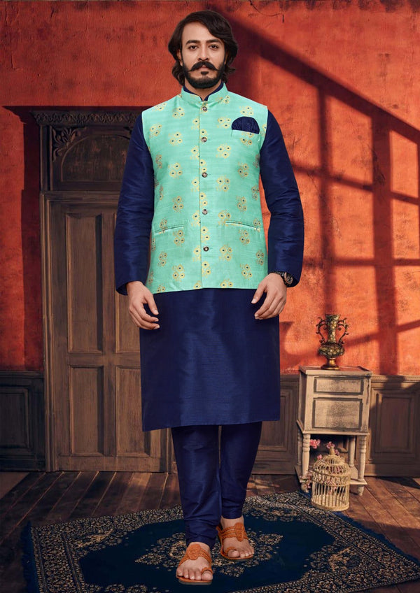 Art Silk Kurta With Pajama And Jacquard Nehru Jacket