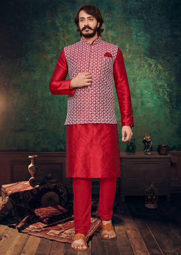 Art Silk Kurta With Pajama And Neharu Jacket