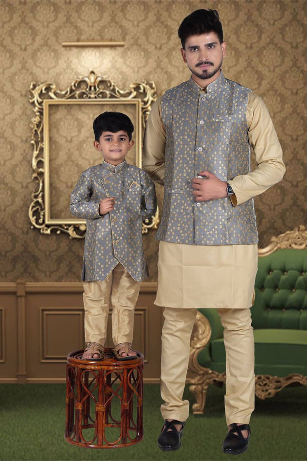 Men's And Kid's Cotton Kurta With Pajama And Jacquard Weaving Jacket