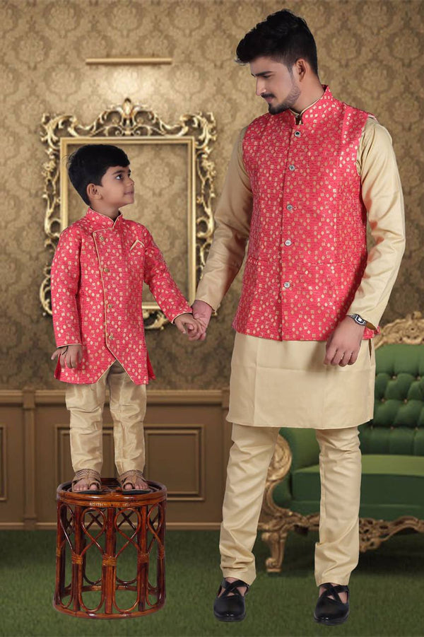 Men's And Kid's Cotton Kurta With Pajama And Jacquard Weaving Jacket