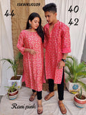 Mushroom Silk Printed Gents Kurta With Ladies Kurti-ISKWKU0109