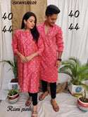 Mushroom Silk Printed Gents Kurta With Ladies Kurti-ISKWKU0109