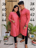 Mushroom Silk Printed Gents Kurta With Ladies Kurti-ISKWKU0109