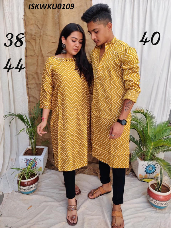 Mushroom Silk Printed Gents Kurta With Ladies Kurti-ISKWKU0109