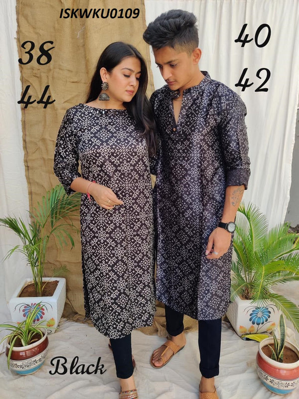 Mushroom Silk Printed Gents Kurta With Ladies Kurti-ISKWKU0109