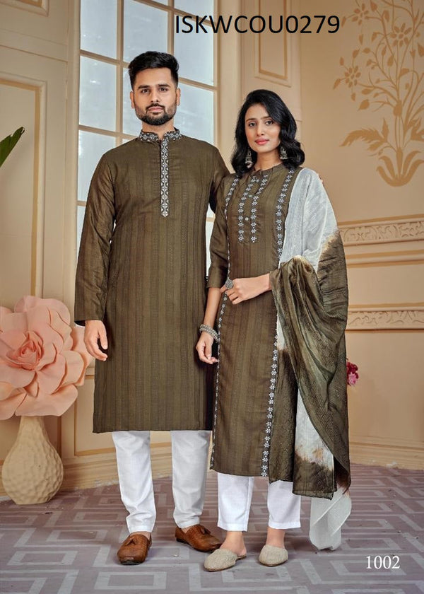 Cotton Kurta and Kurti Set For Couple-ISKWCOU0279