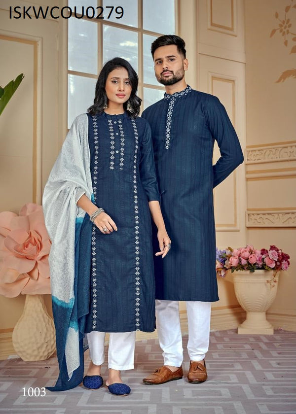 Cotton Kurta and Kurti Set For Couple-ISKWCOU0279