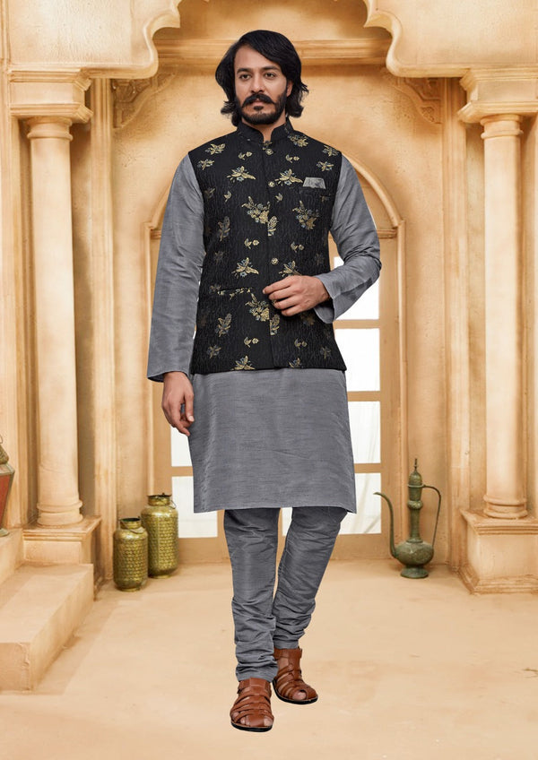 Art Silk Kurta With Pajama And Printed Jacquard Koti