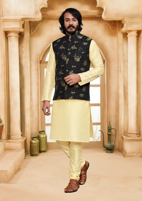 Art Silk Kurta With Pajama And Printed Jacquard Koti