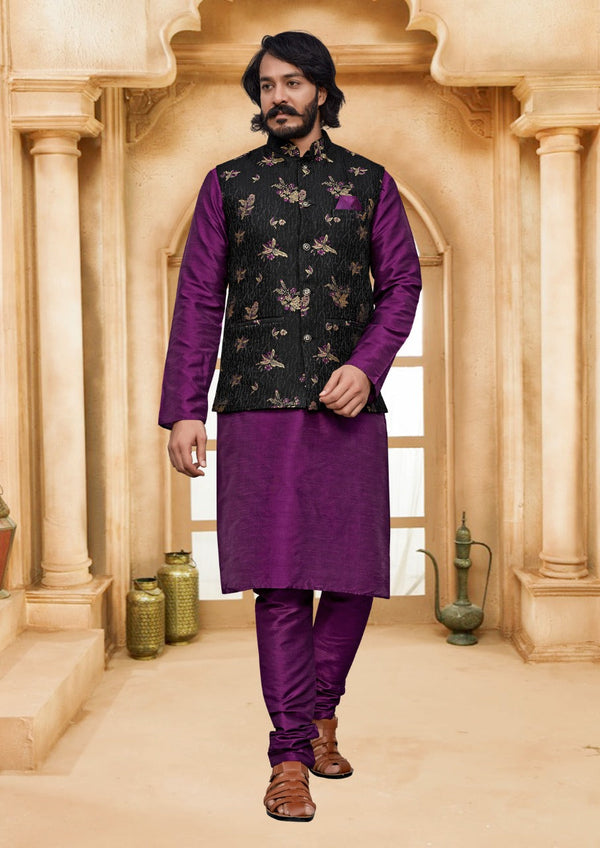 Art Silk Kurta With Pajama And Printed Jacquard Koti