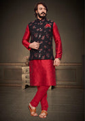 Art Silk Kurta With Pajama And Printed Jacquard Koti