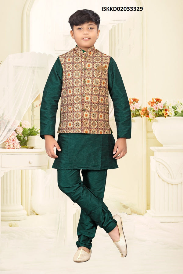 Kid's Silk Kurta With Pajama And Nehru Jacket-ISKKD02033329