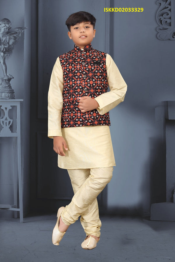 Kid's Silk Kurta With Pajama And Nehru Jacket-ISKKD02033329