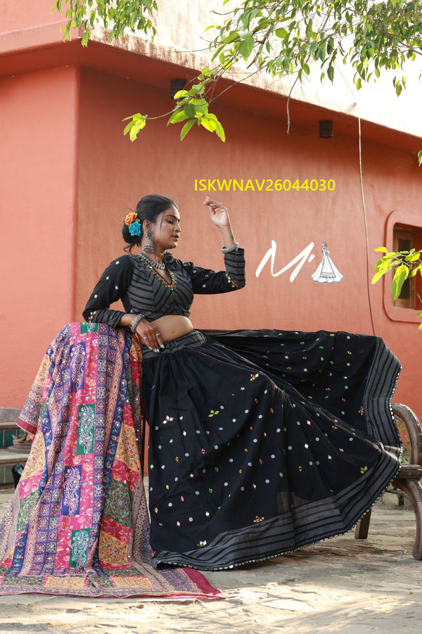 Cotton Lehenga With Jacquard Stripe Blouse And Chinon Dupatta-ISKWNAV26044030