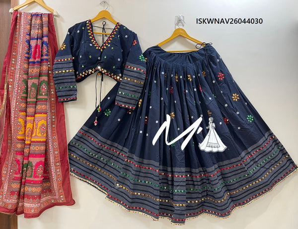 Cotton Lehenga With Jacquard Stripe Blouse And Chinon Dupatta-ISKWNAV26044030