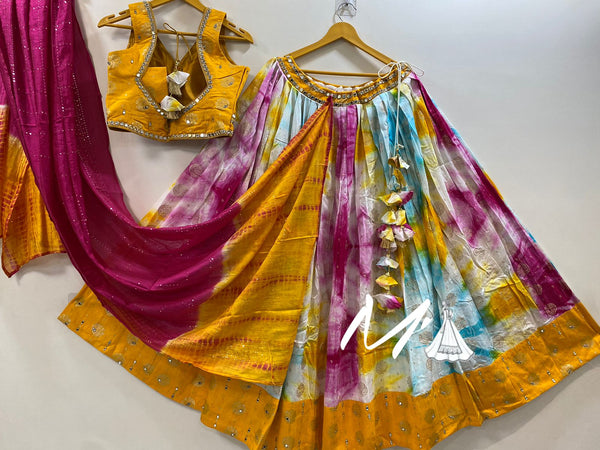 Tie And Dye Shibori Printed Cotton Silk Lehenga With Cotton Blouse And Viscose Dupatta-ISKWNAV11054232