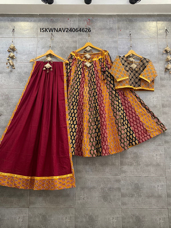 Kalamkari Printed Cotton Lehenga With Blouse And Dupatta-ISKWNAV24064626