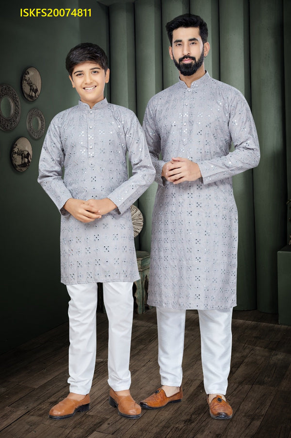 Embroidered Cotton Men's Kurta Pajama With Kid's Kurta Pajama-ISKFS20074811