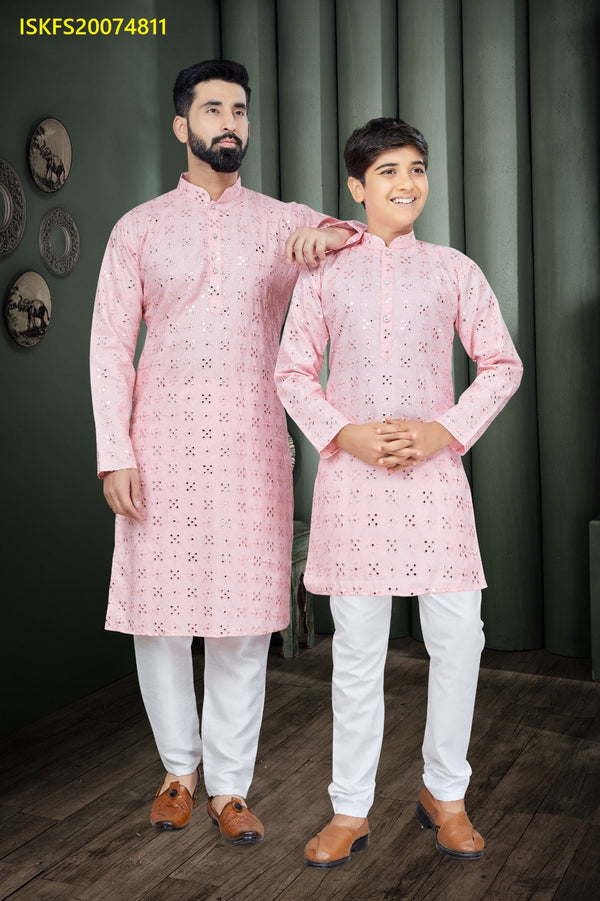 Embroidered Cotton Men's Kurta Pajama With Kid's Kurta Pajama-ISKFS20074811