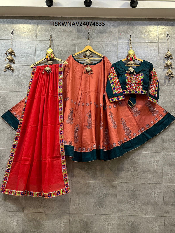 Block Printed Jam Satin Cotton Lehenga With Blouse And Dupatta-ISKWNAV24074835